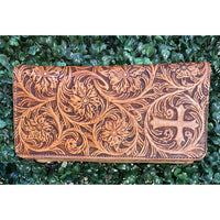 Montana West Genuine Leather Tooled Cross Wallet – Tan RFID Wristlet with Detachable Zipper Pocket