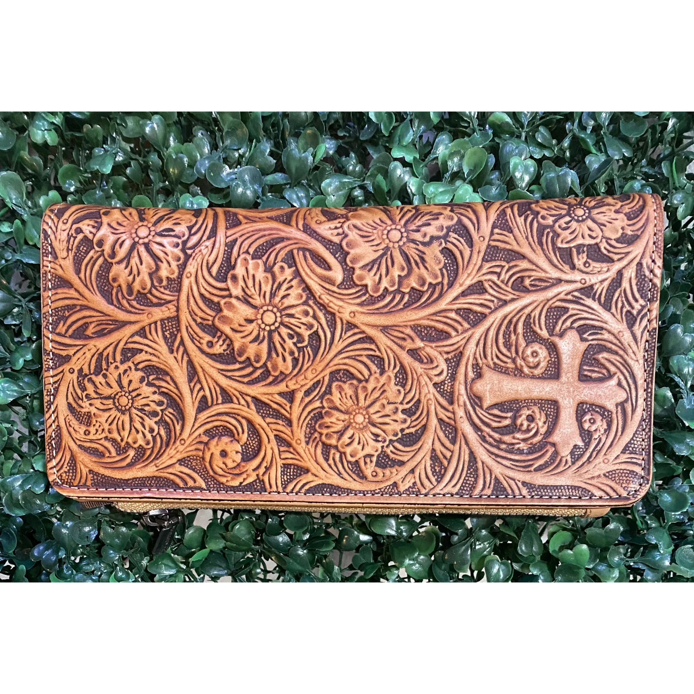 Montana West Genuine Leather Tooled Cross Wallet – Tan RFID Wristlet with Detachable Zipper Pocket