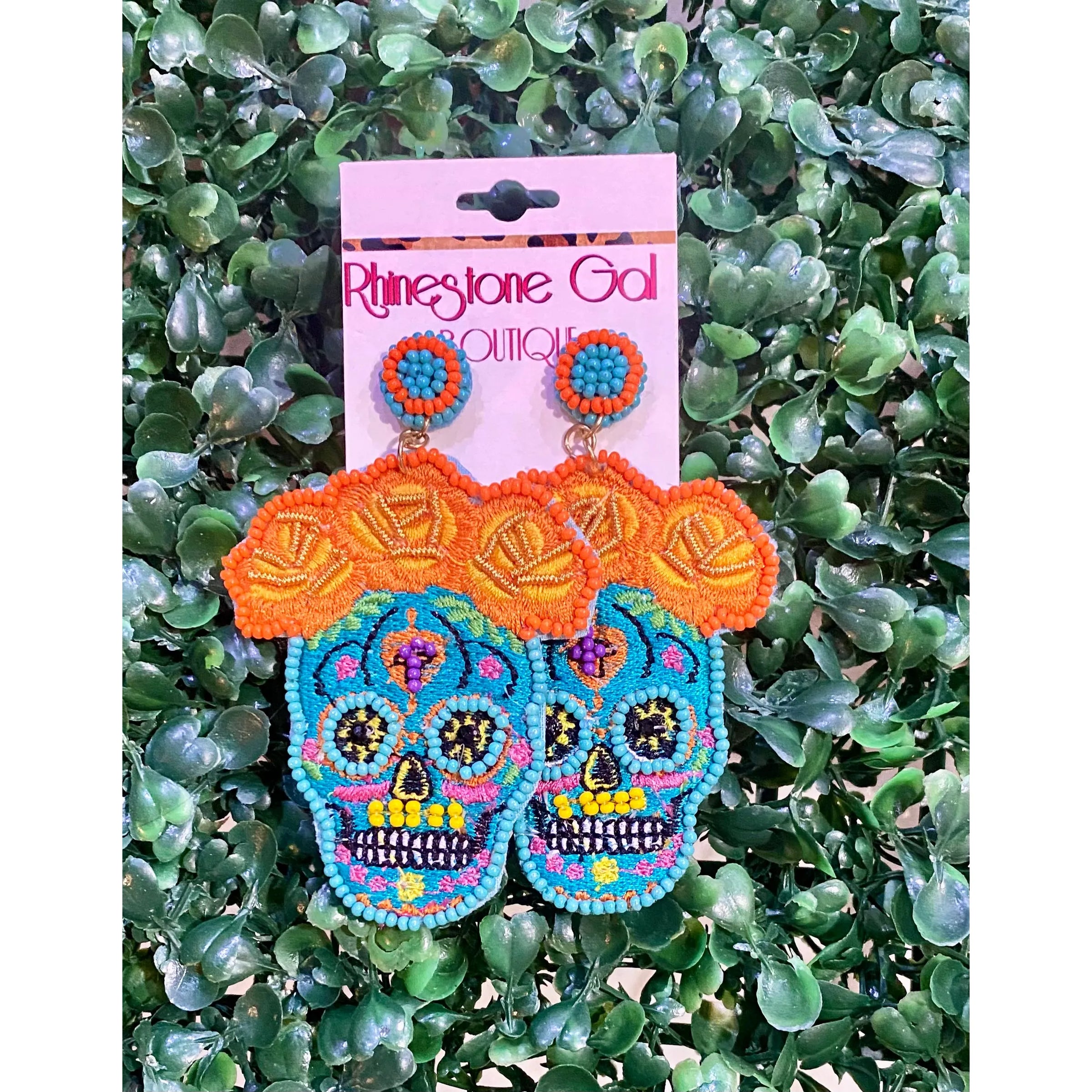 Turquoise Seed Beaded Sugar Skull Earrings