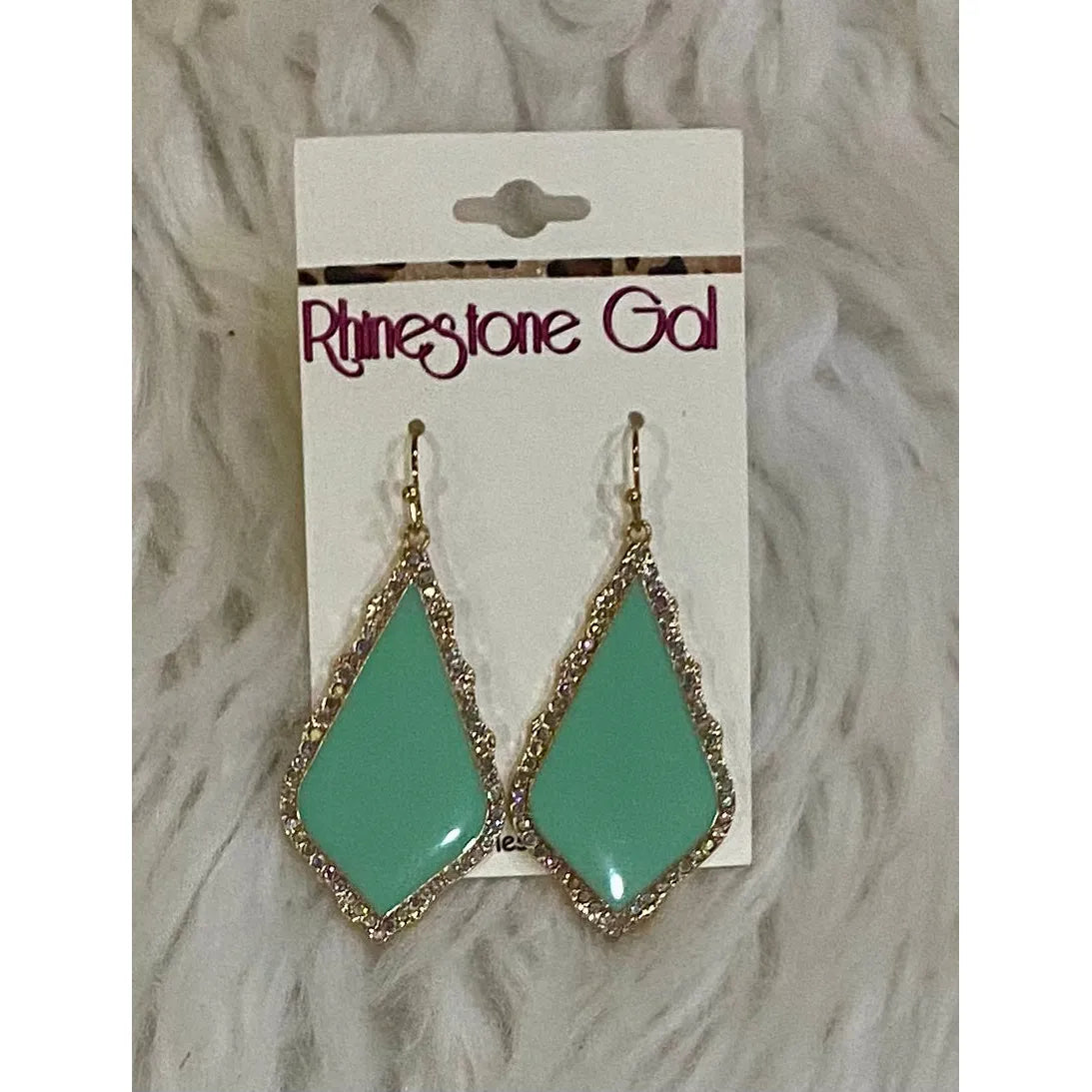 Mint Enamel Teardrop Earrings Outlined with Rhinestones