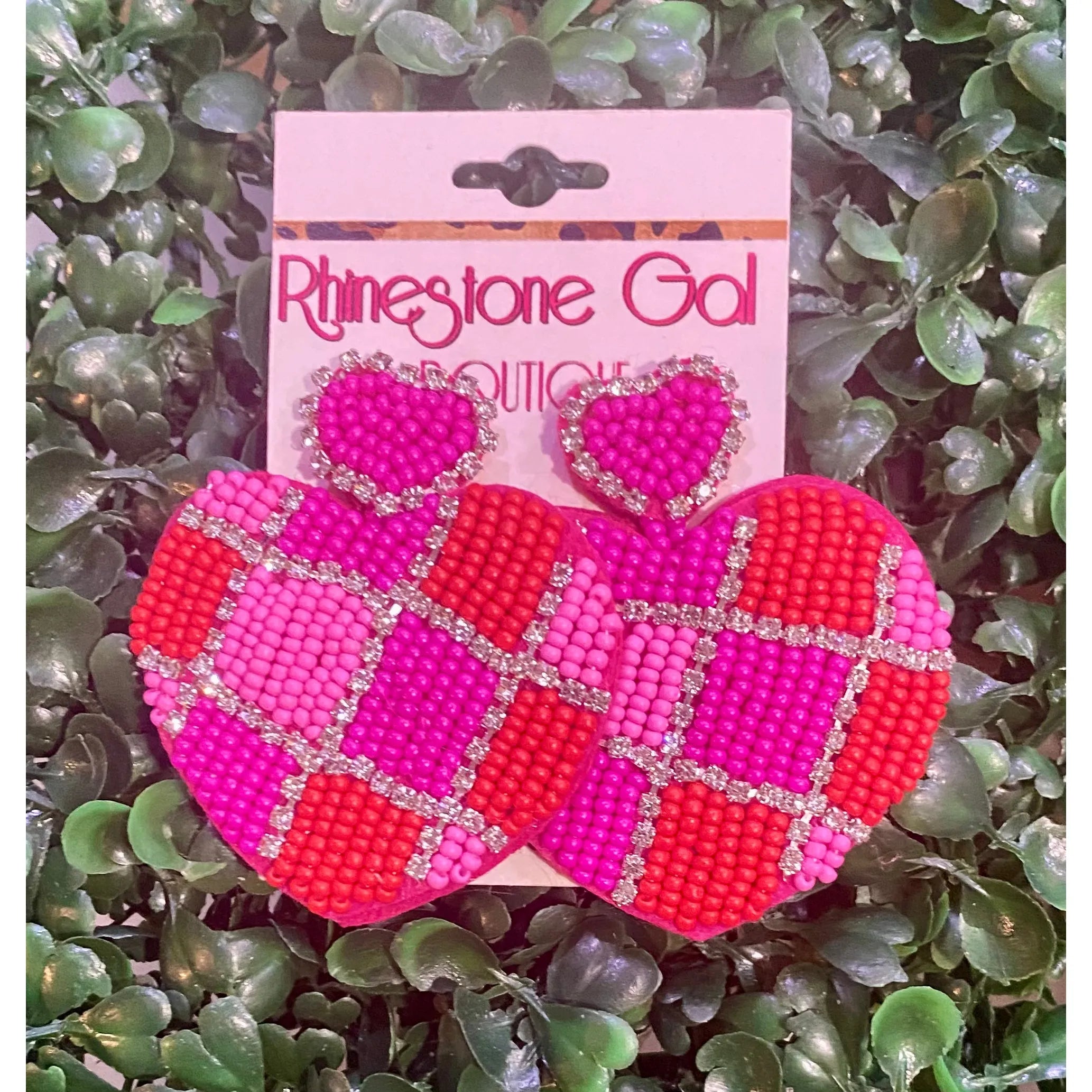 Pink Checkered Beaded Heart Statement Earrings