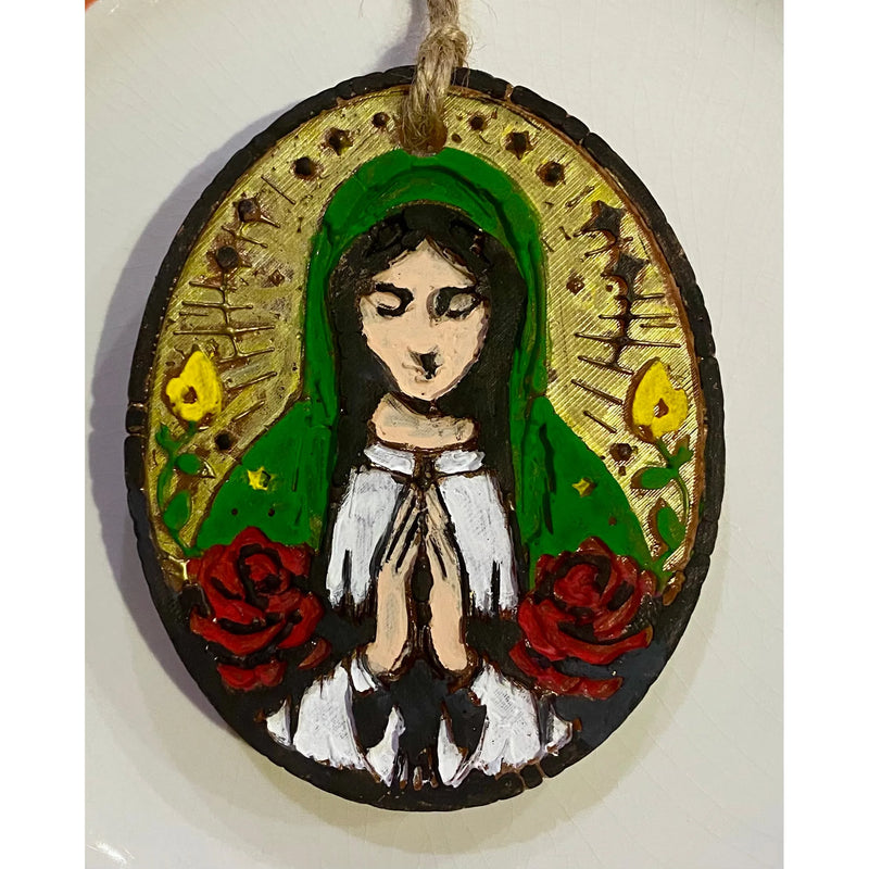 Virgin Mary Freshie – Green & Gold with Red Roses