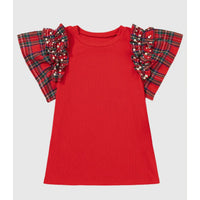 Racing Red Plaid Pearl Ruffle Sleeve Top – Holiday Statement Tee