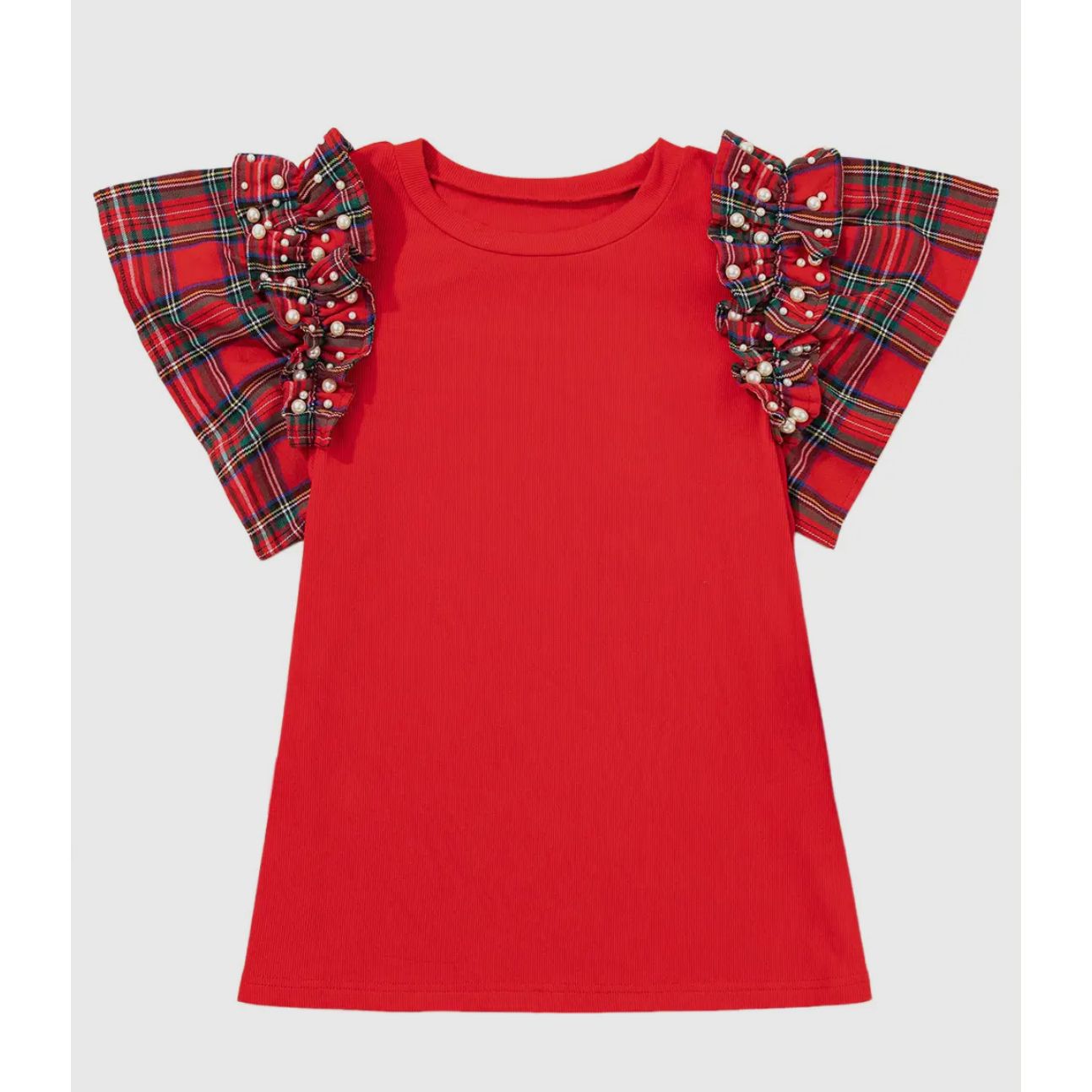 Racing Red Plaid Pearl Ruffle Sleeve Top – Holiday Statement Tee