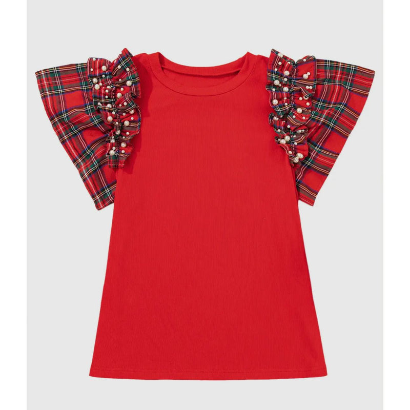 Racing Red Plaid Pearl Ruffle Sleeve Top – Holiday Statement Tee