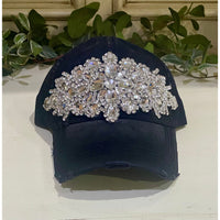 Glitz Distressed Black Baseball Cap with Rhinestones