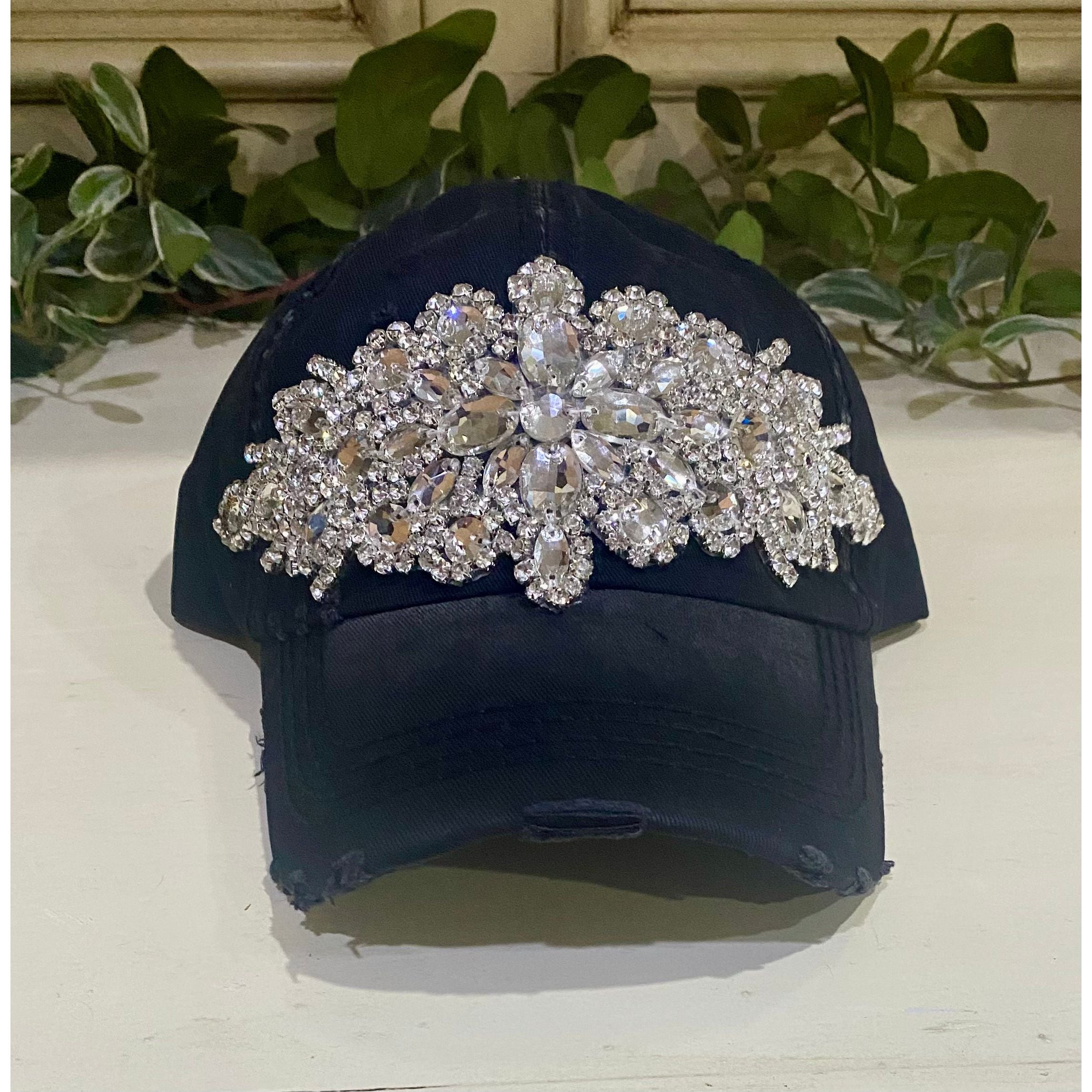 Glitz Distressed Black Baseball Cap with Rhinestones