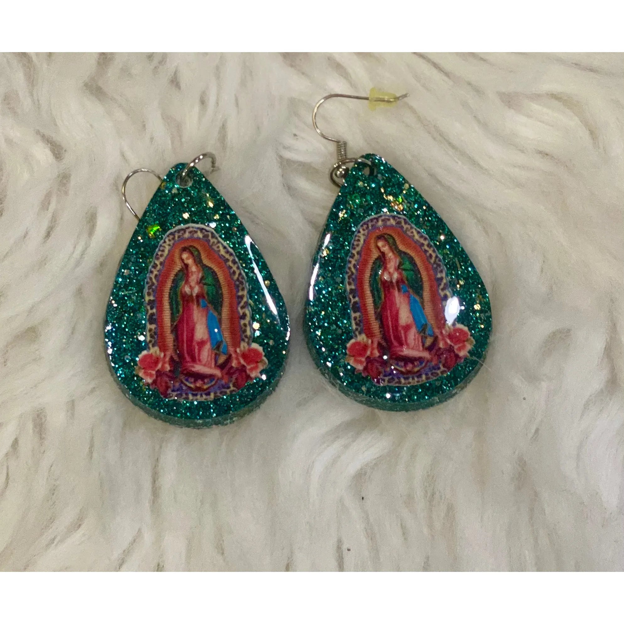 Our Lady of Guadalupe Acrylic Teardrop Glitter Earrings - Rhinestone Gal