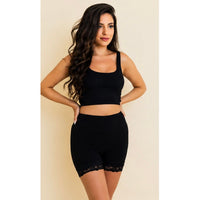 Black Smocked Lace Trim Lounge Shorts