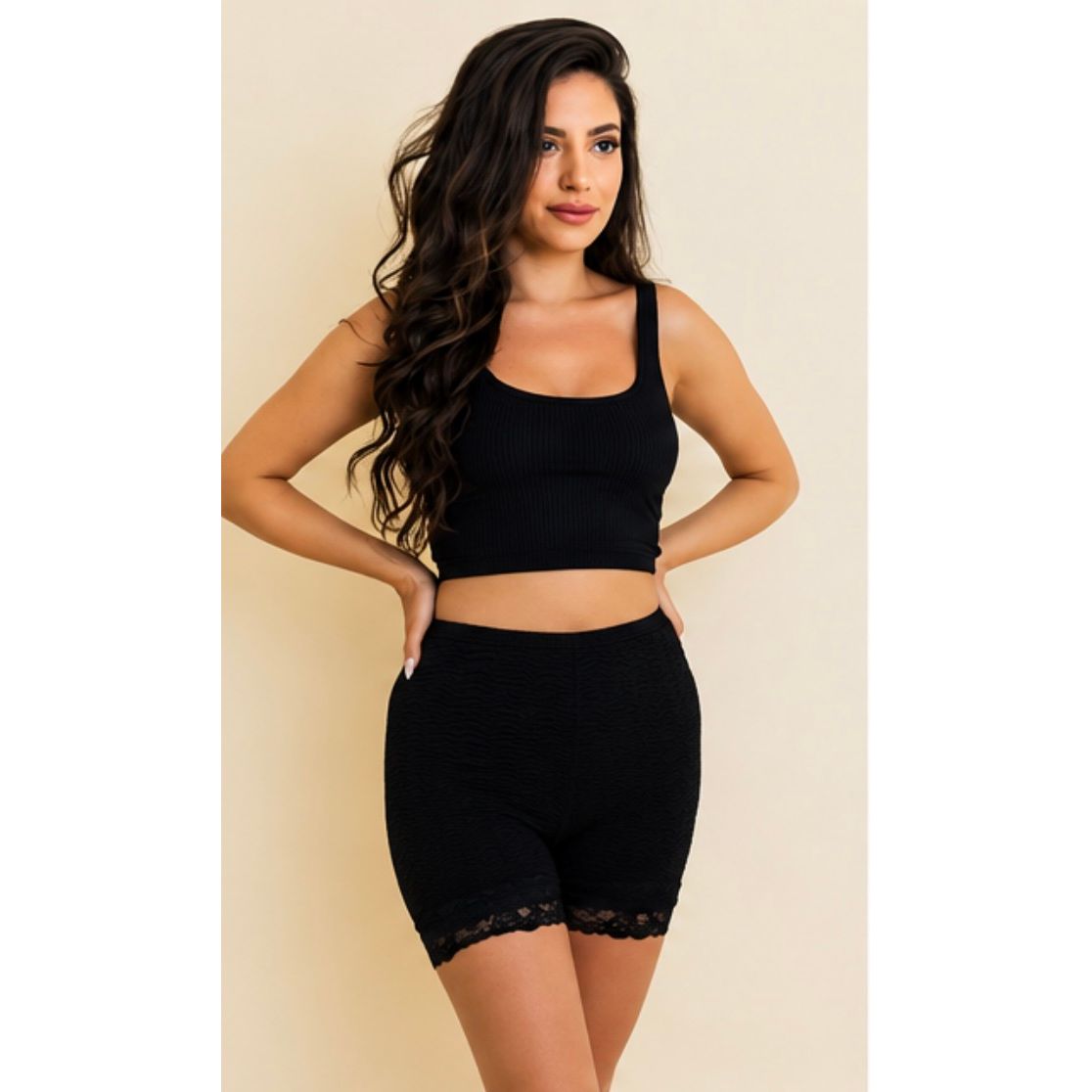 Black Smocked Lace Trim Lounge Shorts