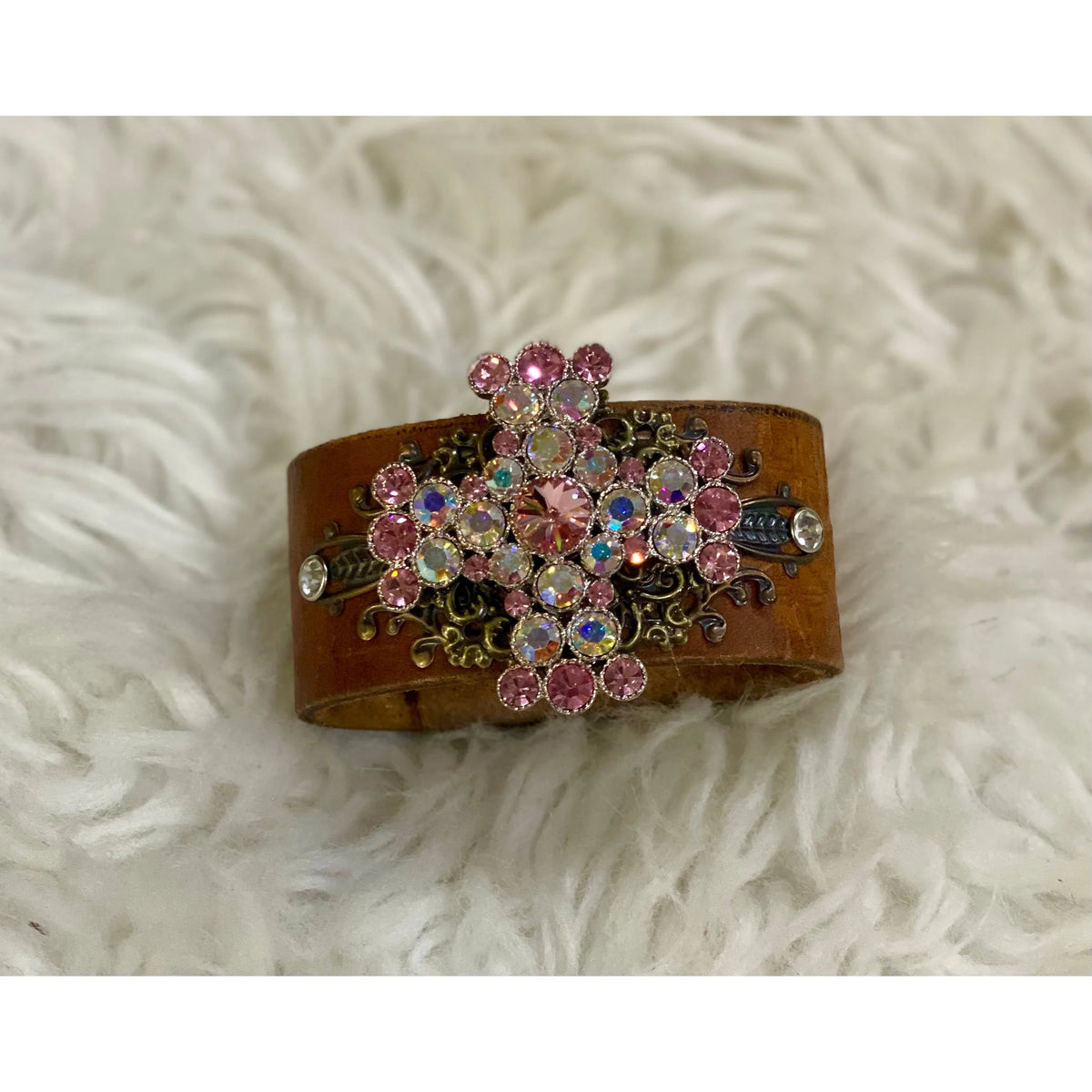 Leather Cuff  with Pink and AB Decorative Brooch Cross - Rhinestone Gal