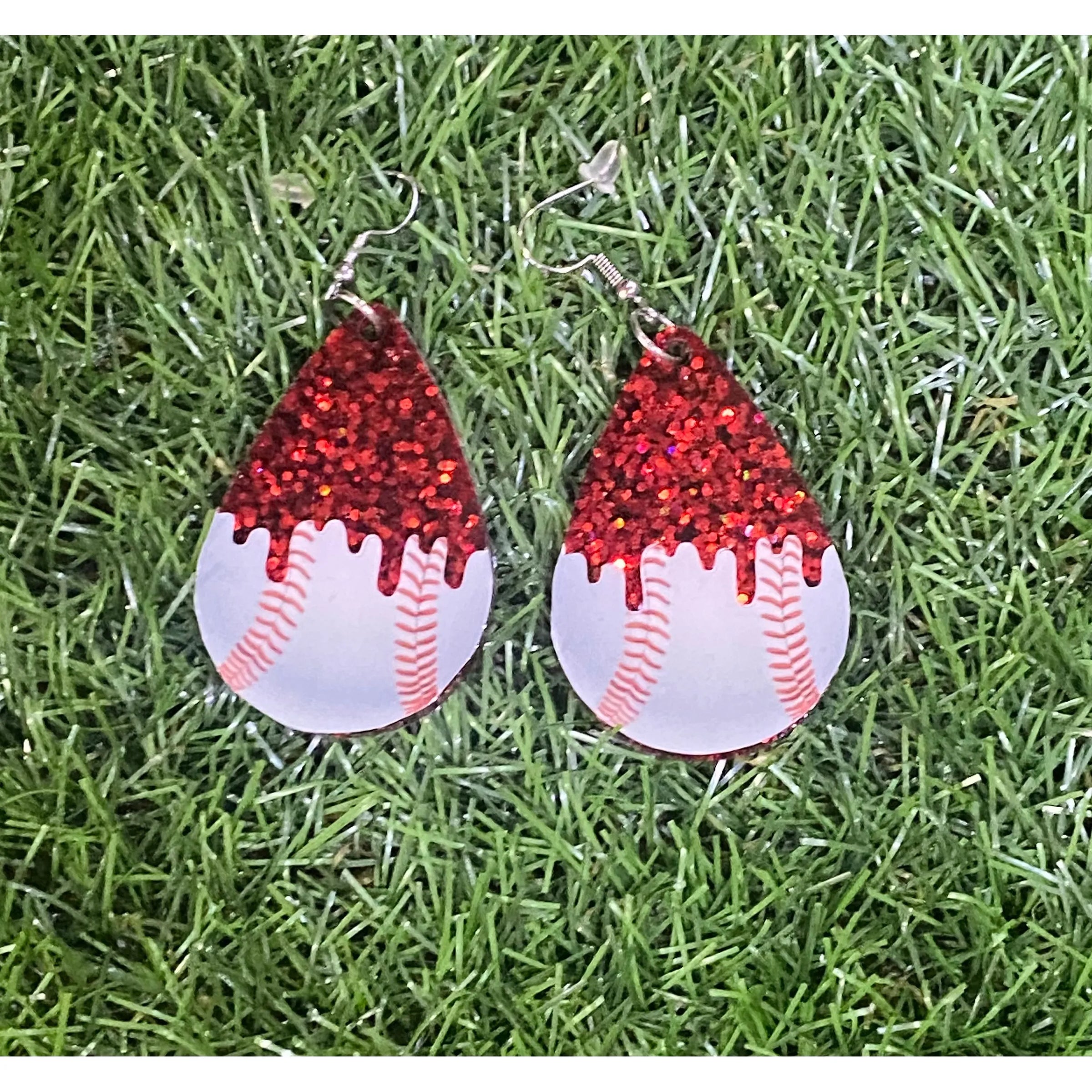 Red Glitter Dripping Baseball Earrings - Rhinestone Gal