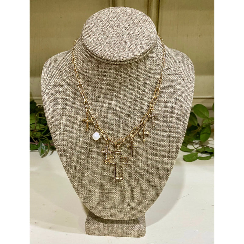 Layered Cross Charm Paperclip Chain Necklace