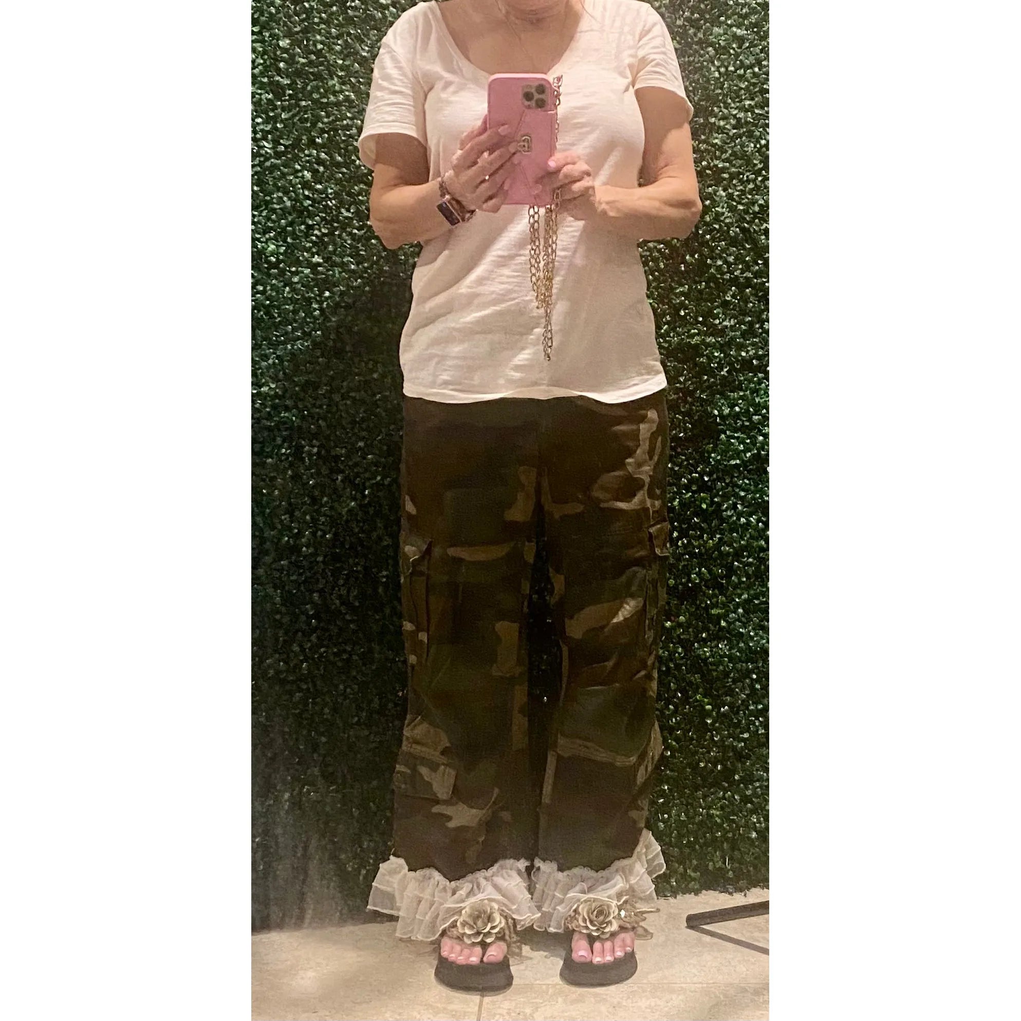 Camo Cargo Pants with Ruffle Hem