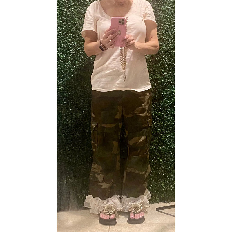 Camo Cargo Pants with Ruffle Hem