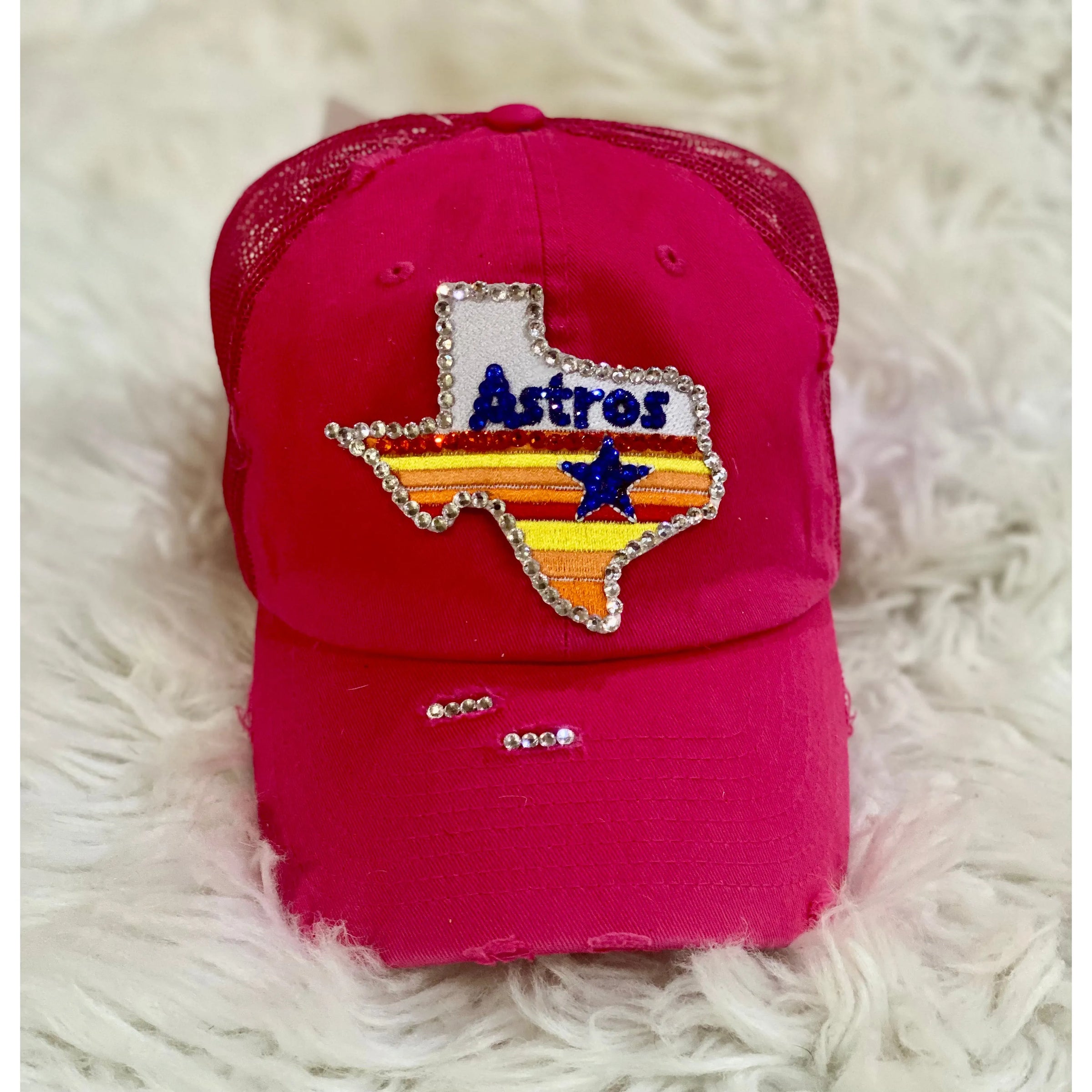 Hot Pink Distressed Truckers Cap with Rhinestone Texas Astros Patch - Rhinestone Gal