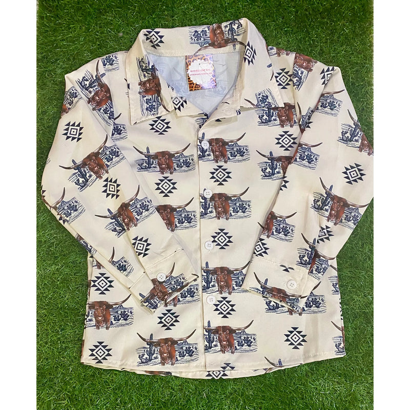 Boy's Cowboy Bull and Aztec Button Down Shirt