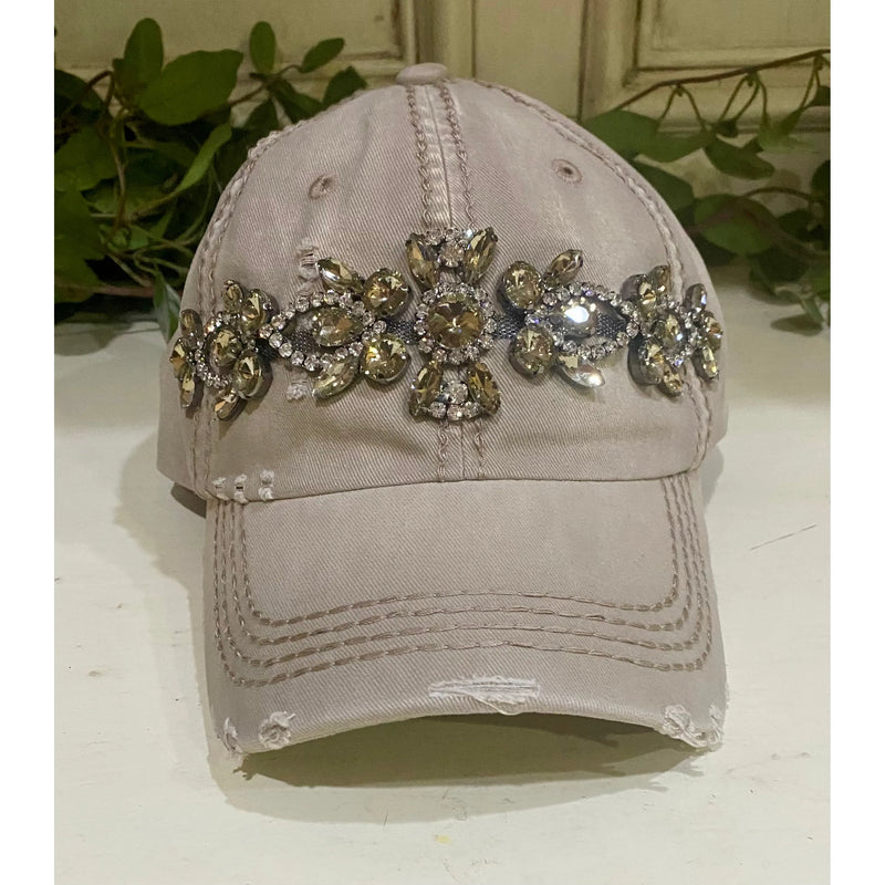 Bejeweled Khaki Glitz Cap – Distressed & Adjustable with Leather Buckle