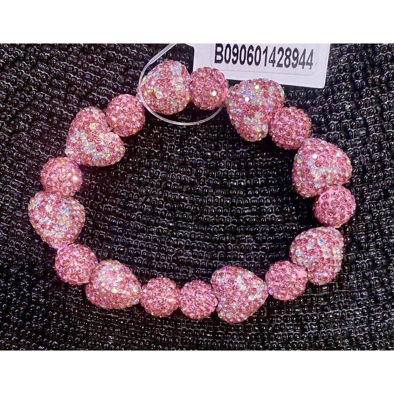 Pink Heart Rhinestone Bracelet – Sparkly Beaded Stretch Design