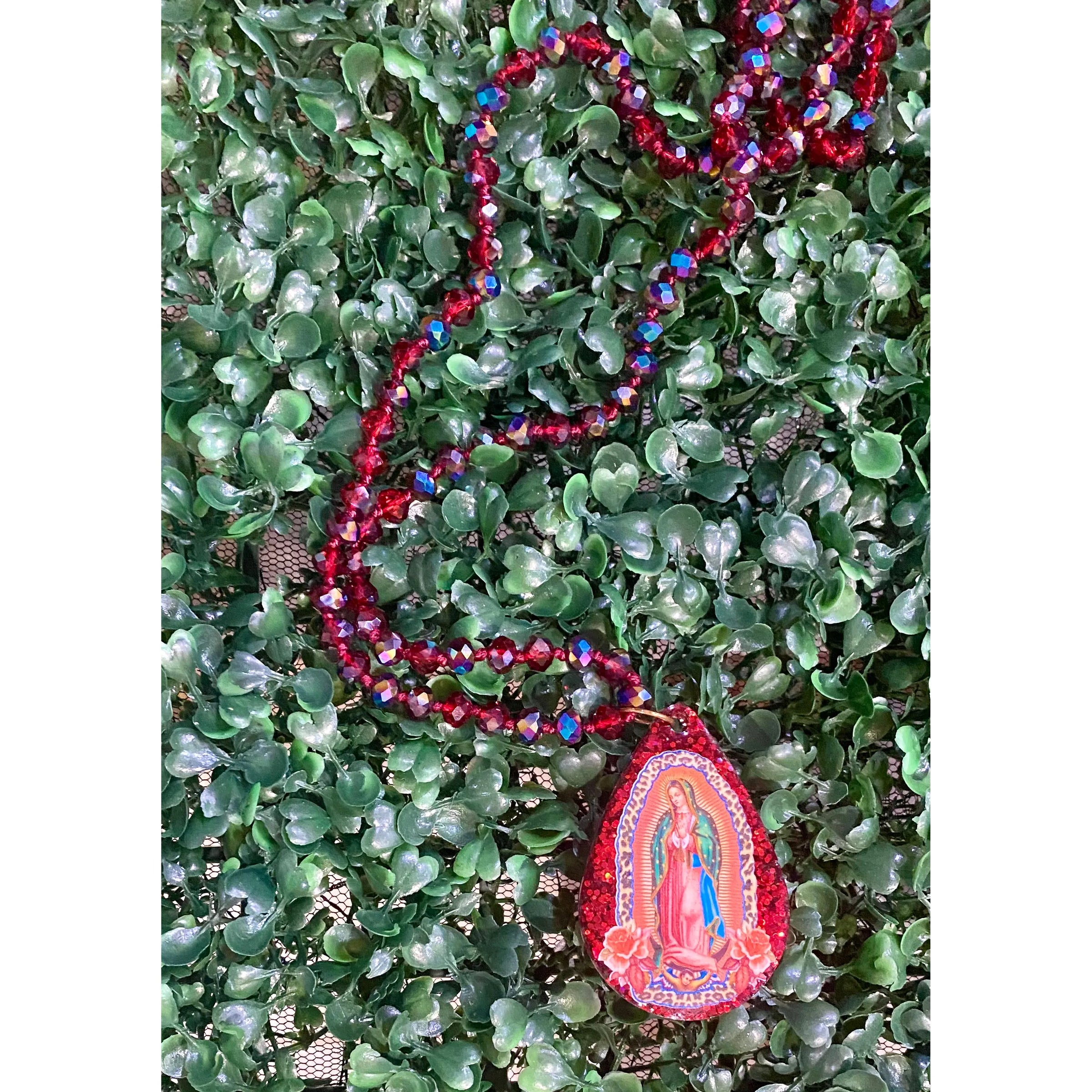 Long Beaded Necklace with Our Lady of Guadalupe Pendant