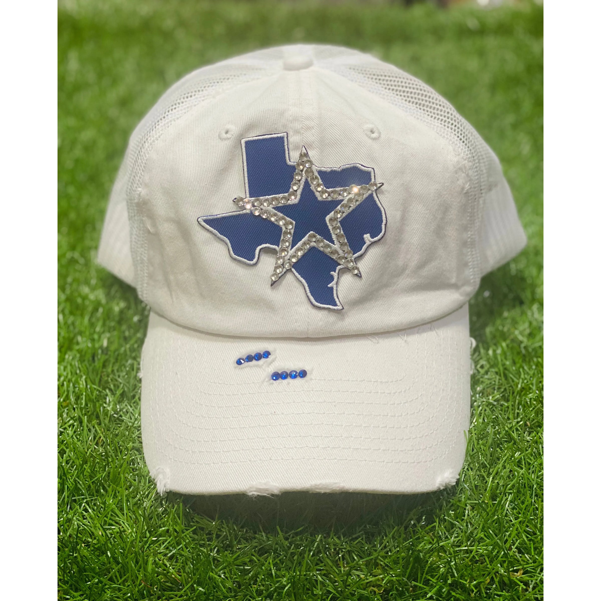 White Distressed Truckers Cap with Embellished Cowboys Emblem