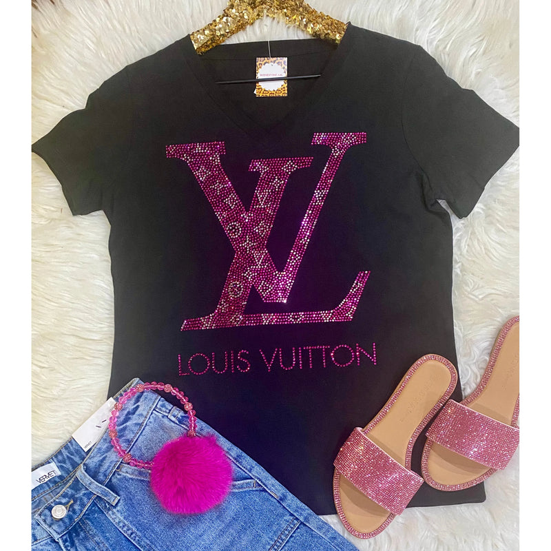 Luxury Pink Mono Rhinestone V Neck Tee