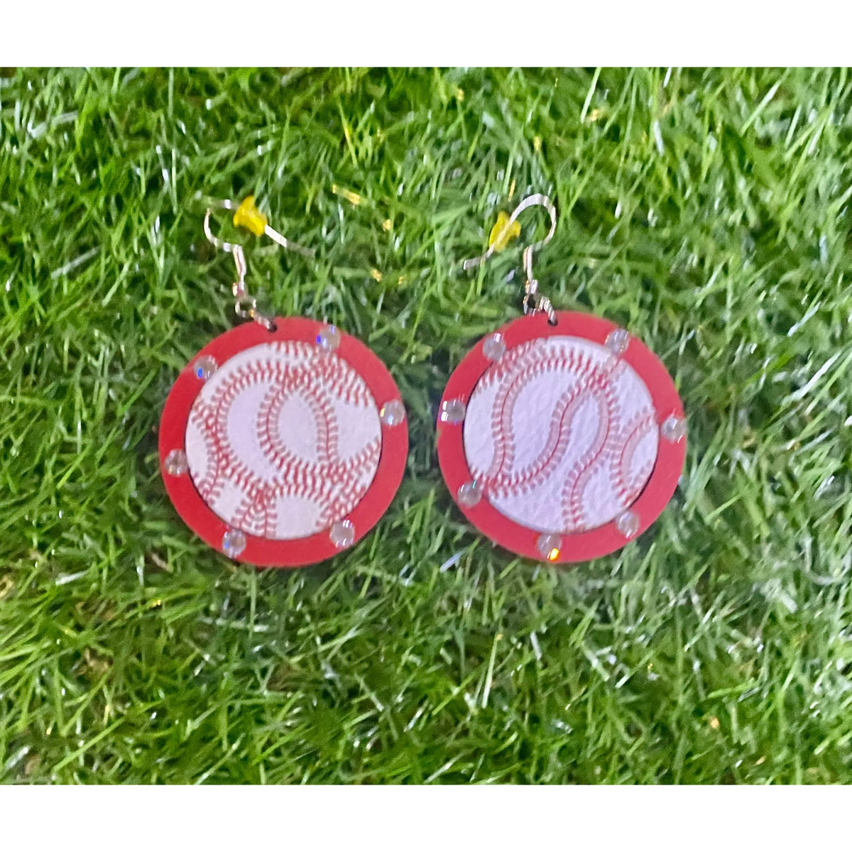 Red Outlined Baseball Wood Earrings with Rhinestones - Rhinestone Gal