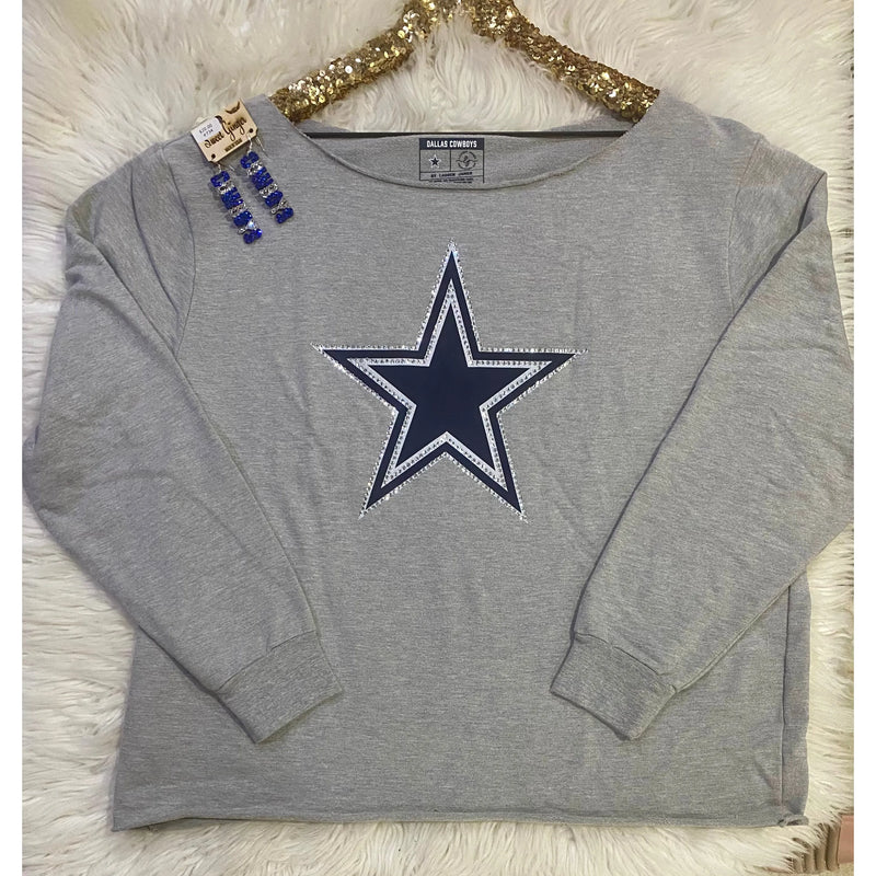 Dallas Cowboys Off-Shoulder Rhinestone Sweatshirt – Grey Heather