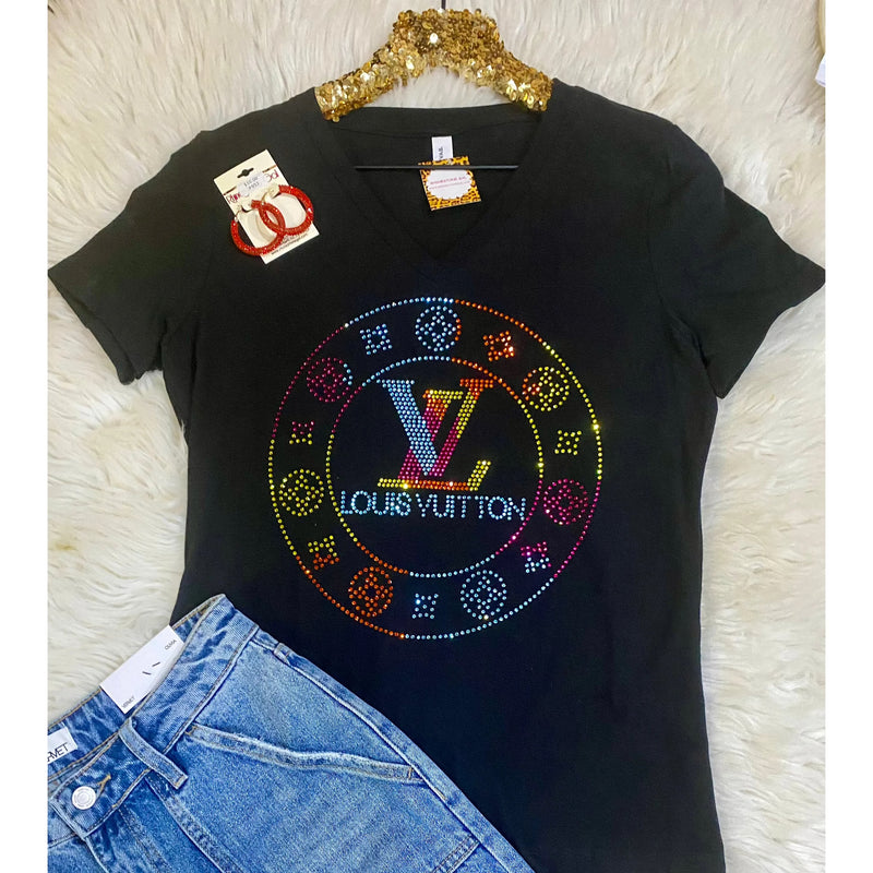 Multi Luxury Rhinestone V Neck Tee