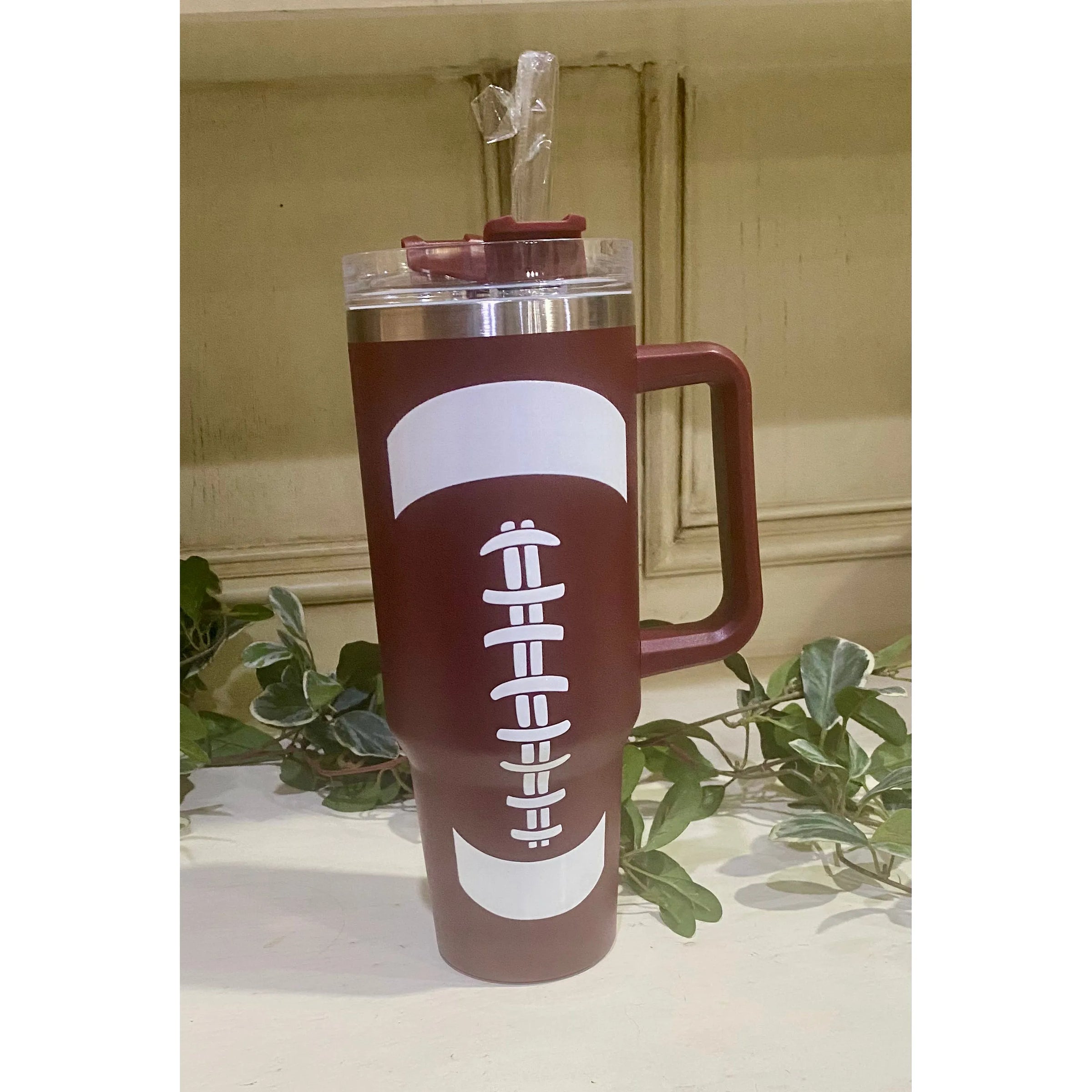 40 oz Football Tumbler with Handle & Straw – Game Day Essential