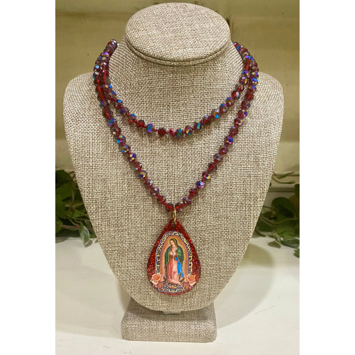 Our Lady of Guadalupe Glitter Pendant Beaded Necklace