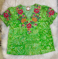 Green Printed Top with Embroidered Details - Rhinestone Gal