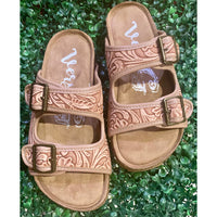 Very G Blush Tooled Western Buckle Sandals – Floral Cork Footbed Slip-On Sandals