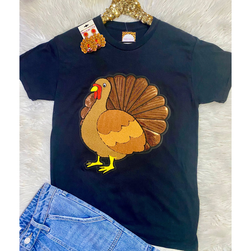 Sequin Turkey Chenille Patch Tee – Gildan Fall Thanksgiving Shirt