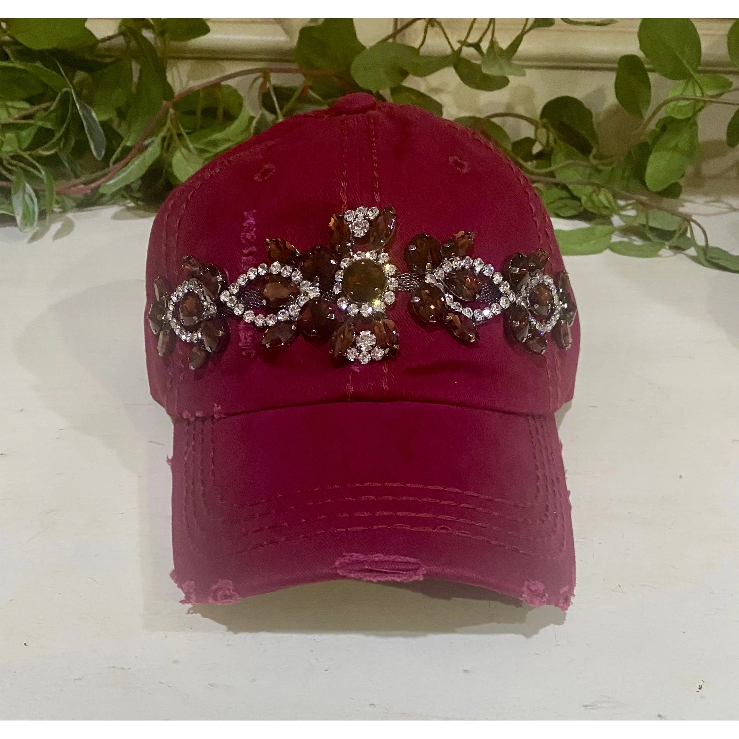 Burgundy Bejeweled Distressed Cap