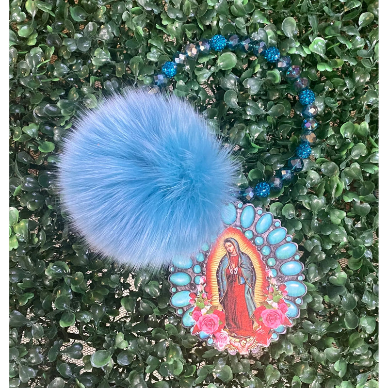 Turquoise Beaded Pom Pom Keychain with Guadalupe Charm