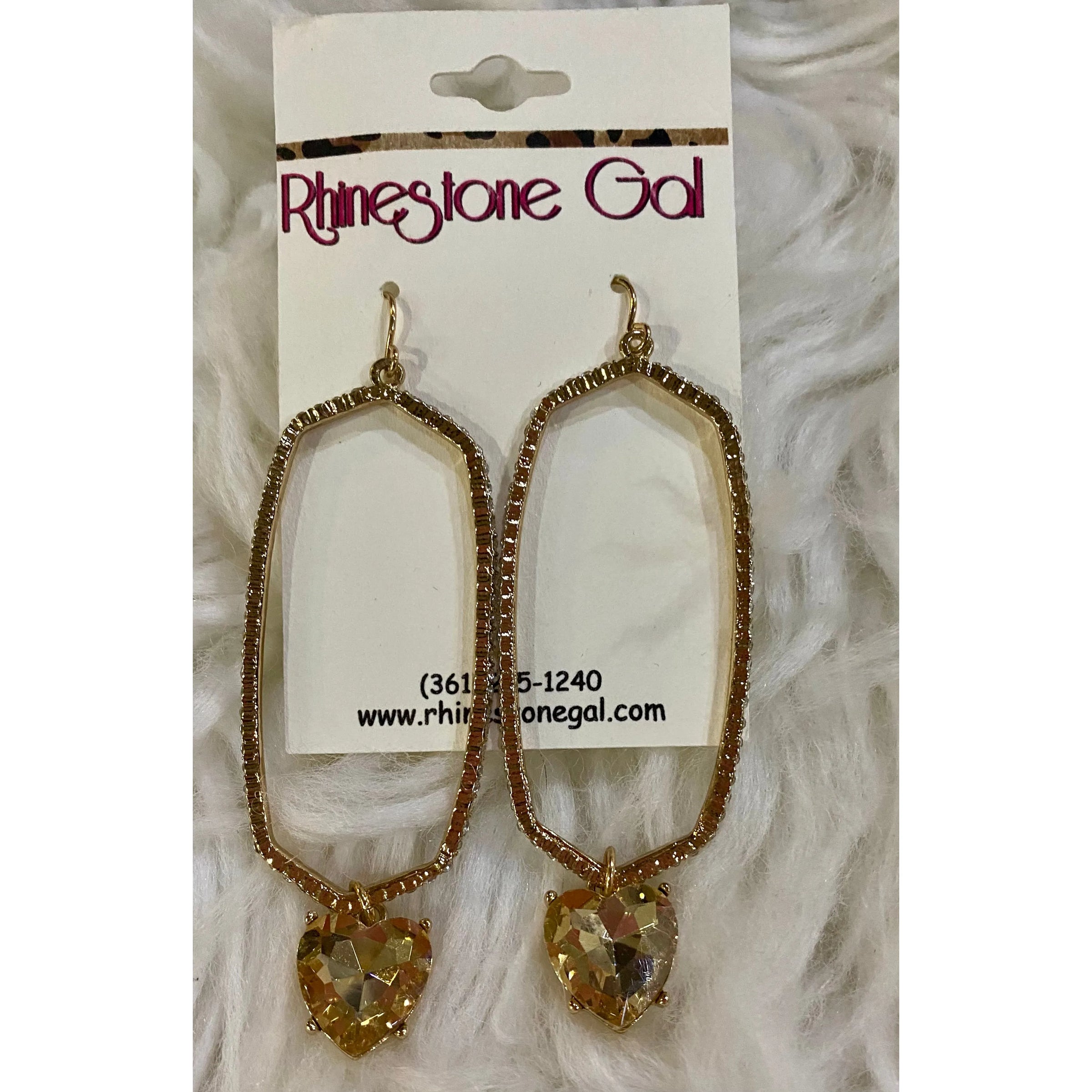 Gold Rhinestone Hexagon Earrings with Topaz Heart Stone