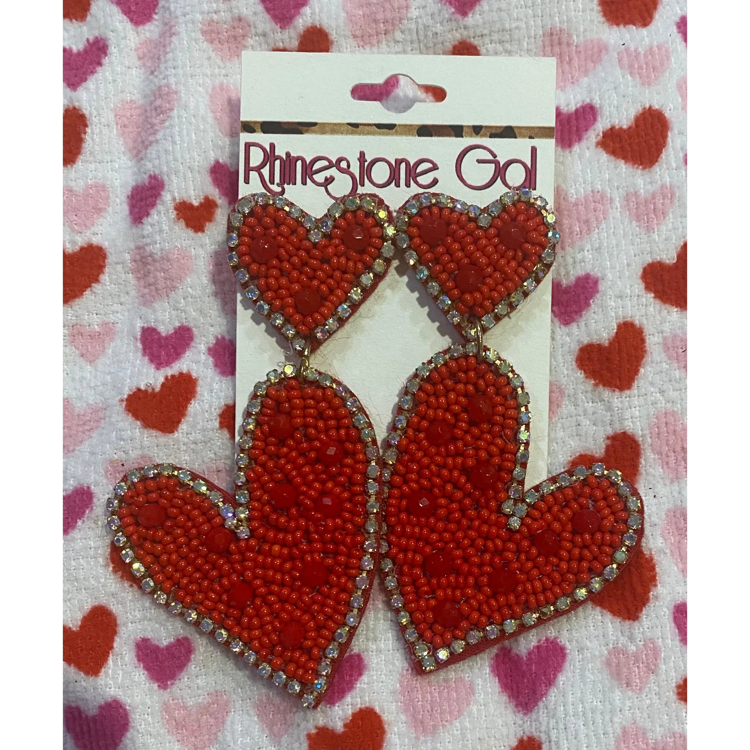 Red Rhinestone Beaded Heart Dangle Earrings