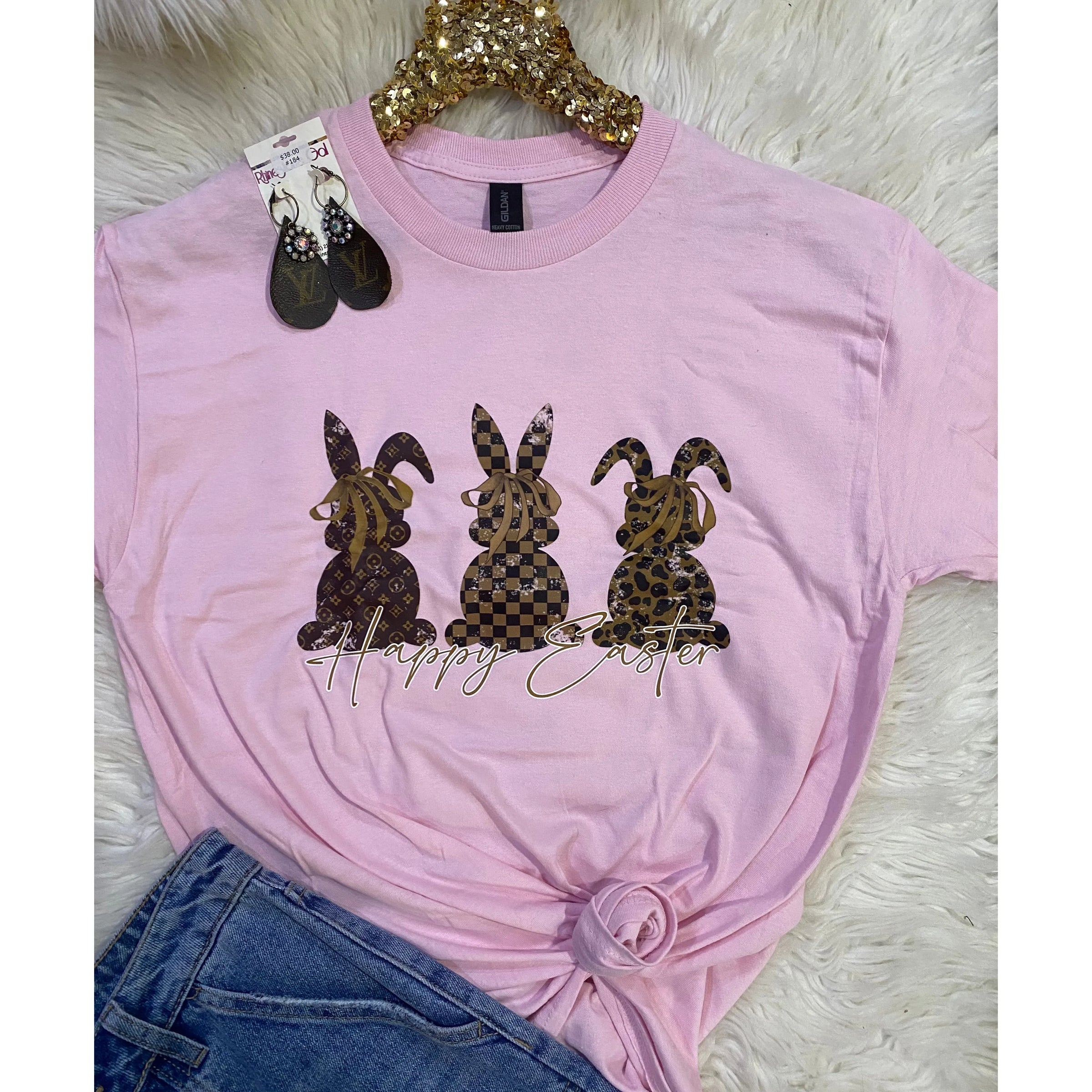 Happy Easter Bunny Graphic Tee – Pink Gildan Shirt