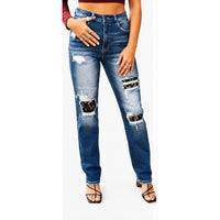 Leopard Patch Distressed Boyfriend Jeans with Stretch