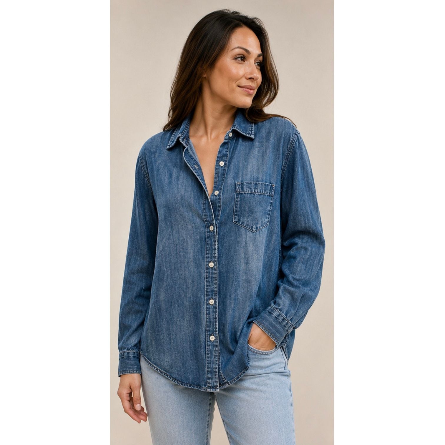 Denim Button-Up Shirt with Embroidered Floral Back