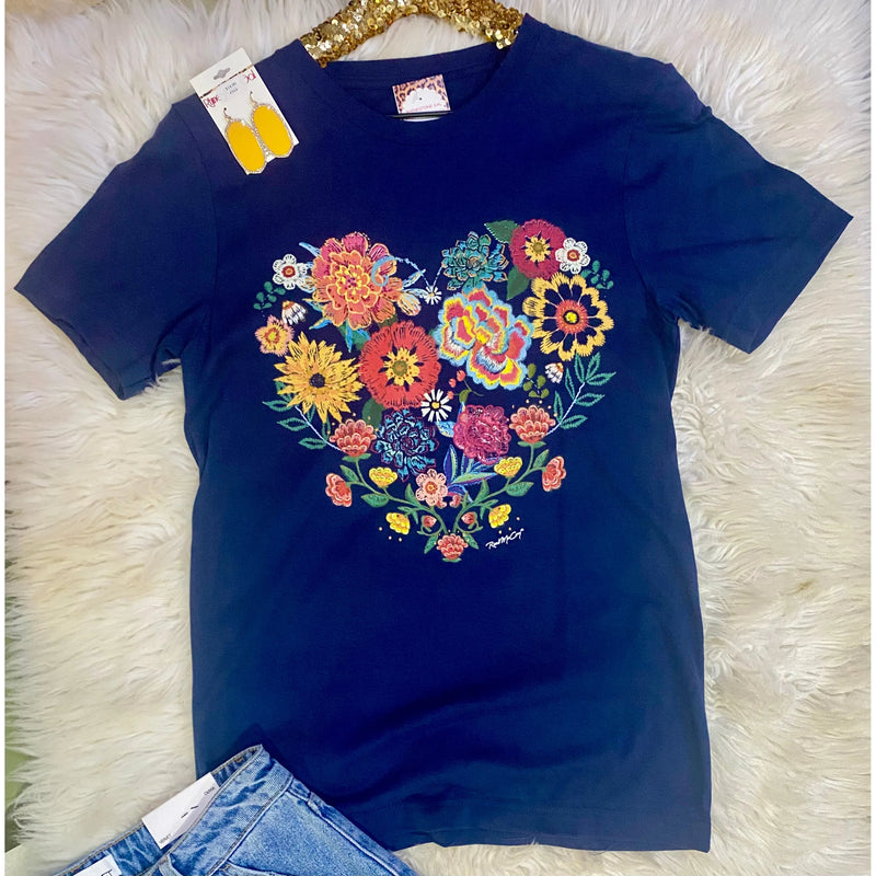 Embroidered Look Floral Heart Tee