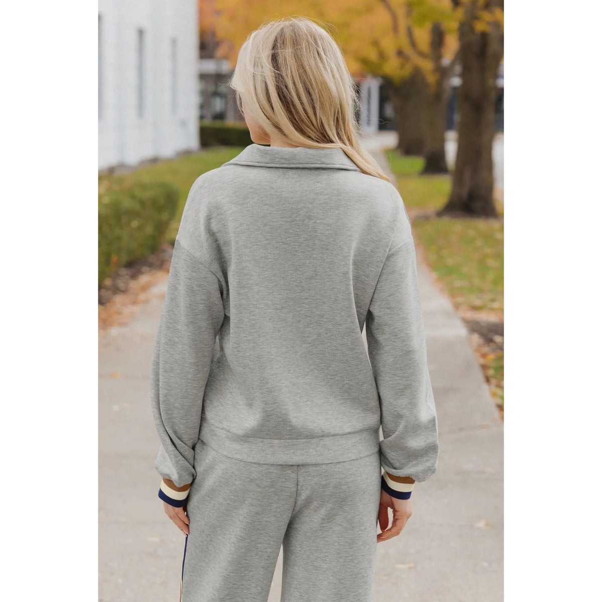 Gray Two-Piece Lounge Set – Zip Collar Pullover & Wide-Leg Pants