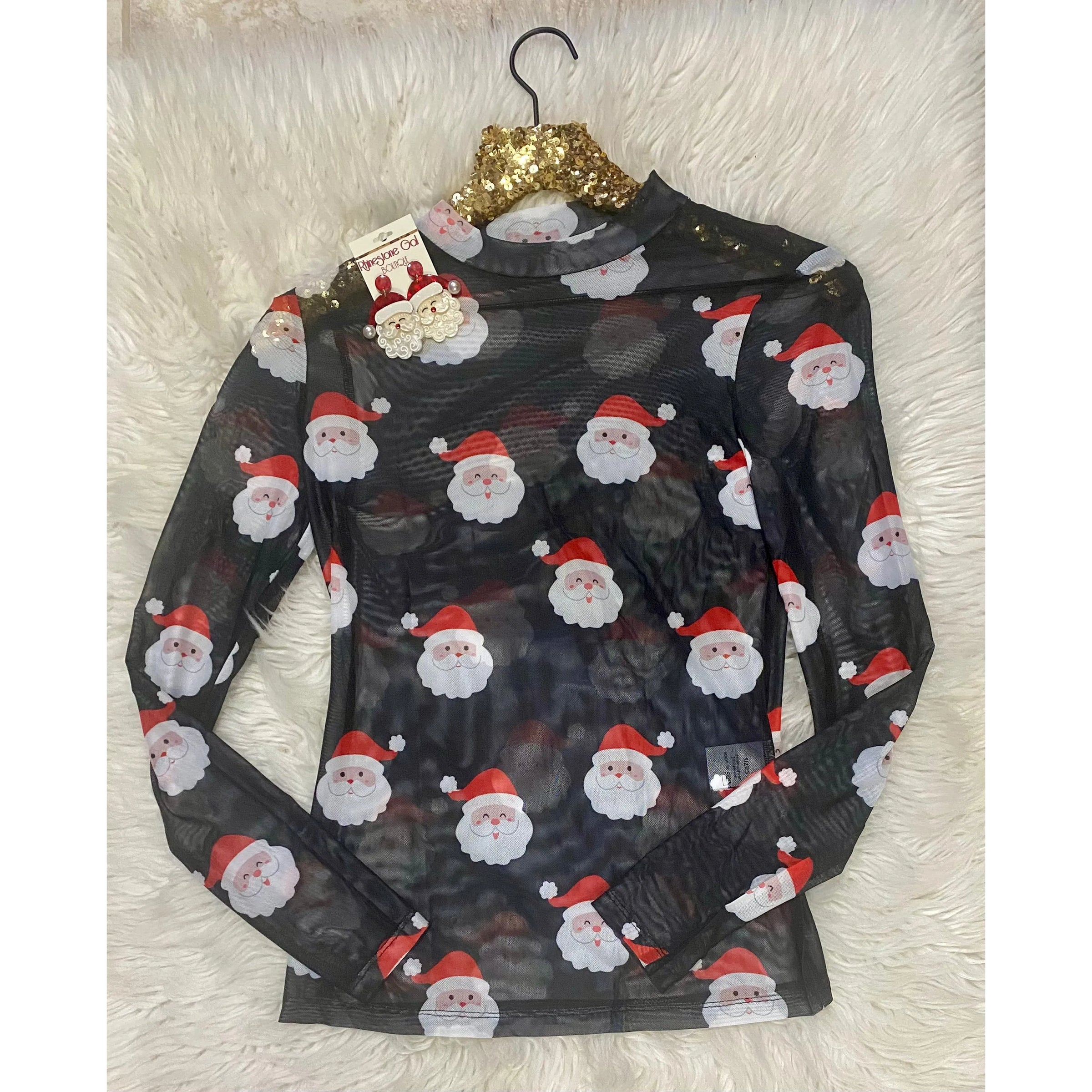 Black Santa Mesh Top – Sheer Holiday Long Sleeve