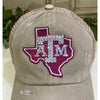 Khaki Distressed Ponytail Truckers Cap with Rhinestone A & M Patch