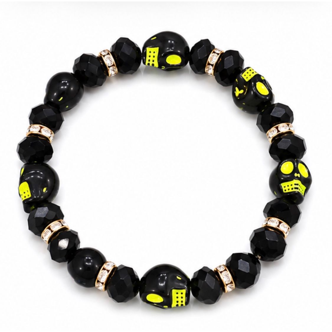 Sugar Skull Beaded Stretchy Bracelet with Rhinestone Spacers