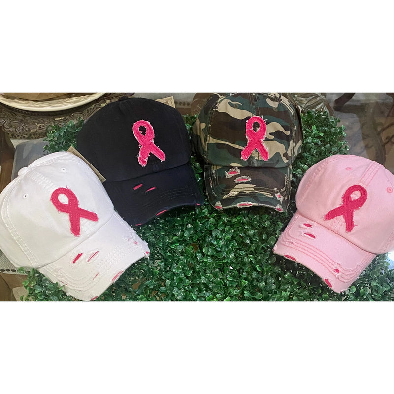 Distressed Vintage Cap with Pink Breast Cancer Ribbon