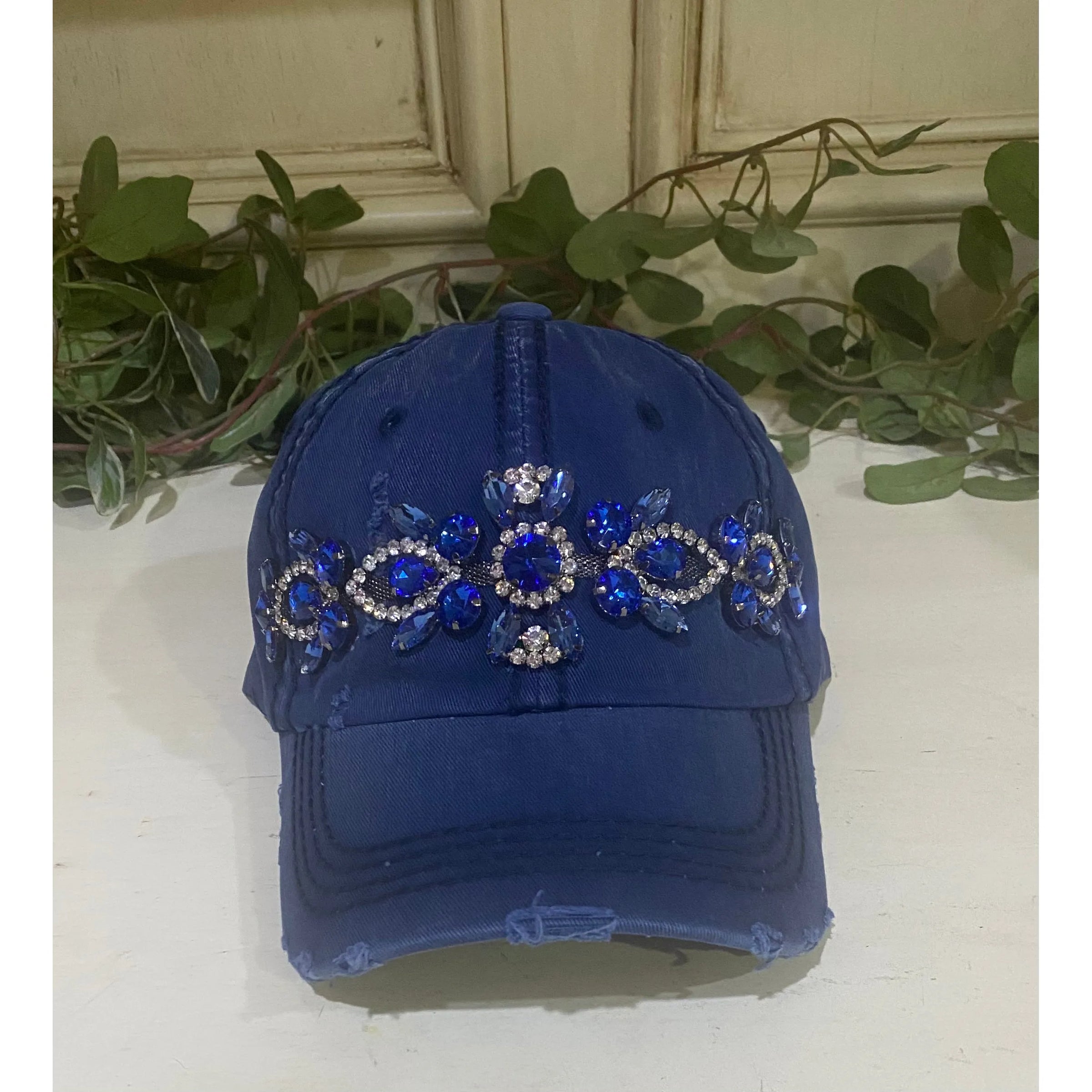 Navy Distressed Bejeweled Baseball Cap