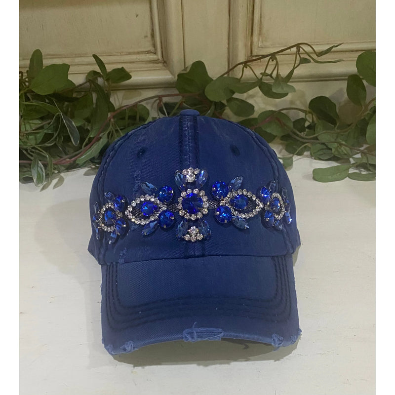 Navy Distressed Bejeweled Baseball Cap