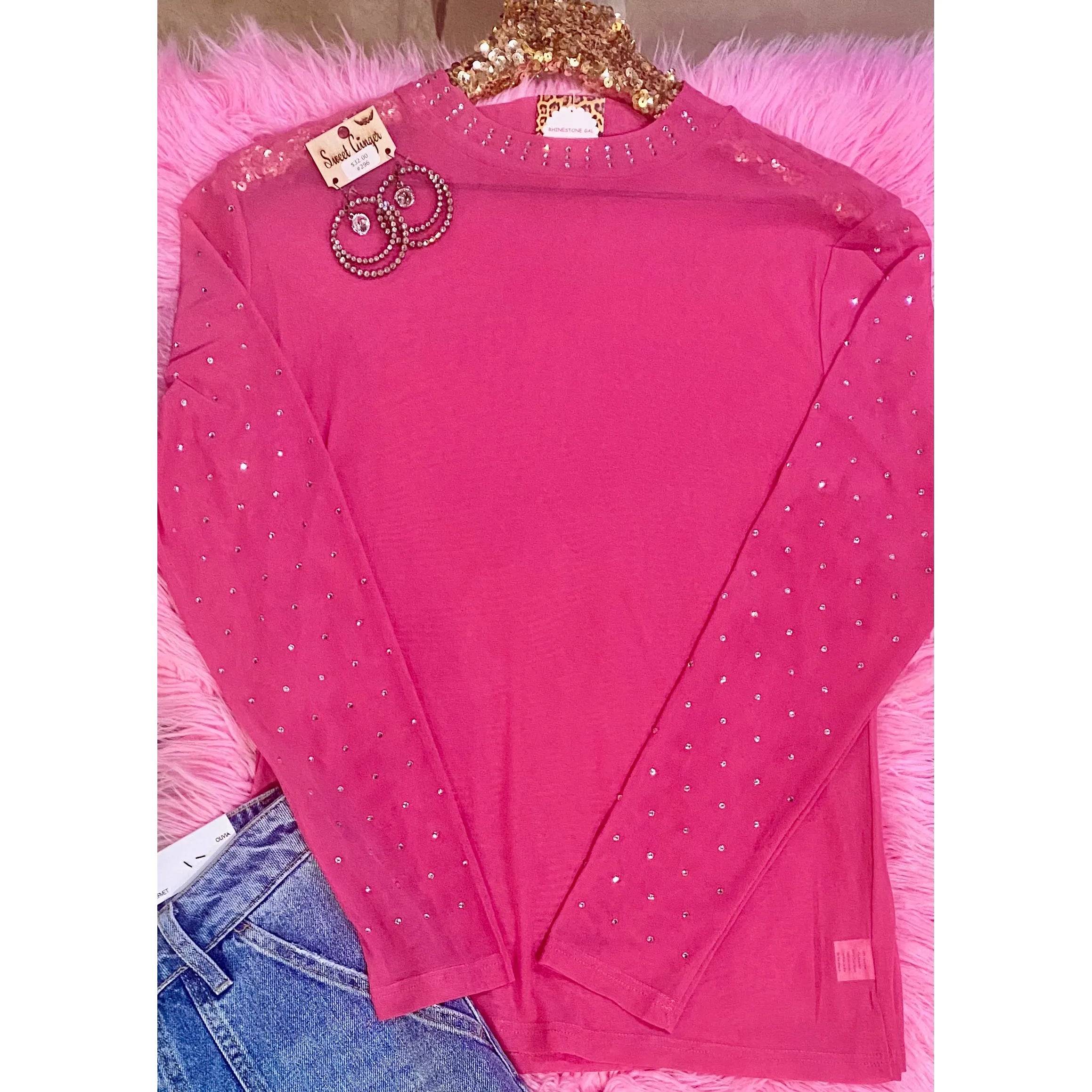 Hot Pink Rhinestone Mesh Long Sleeve Top